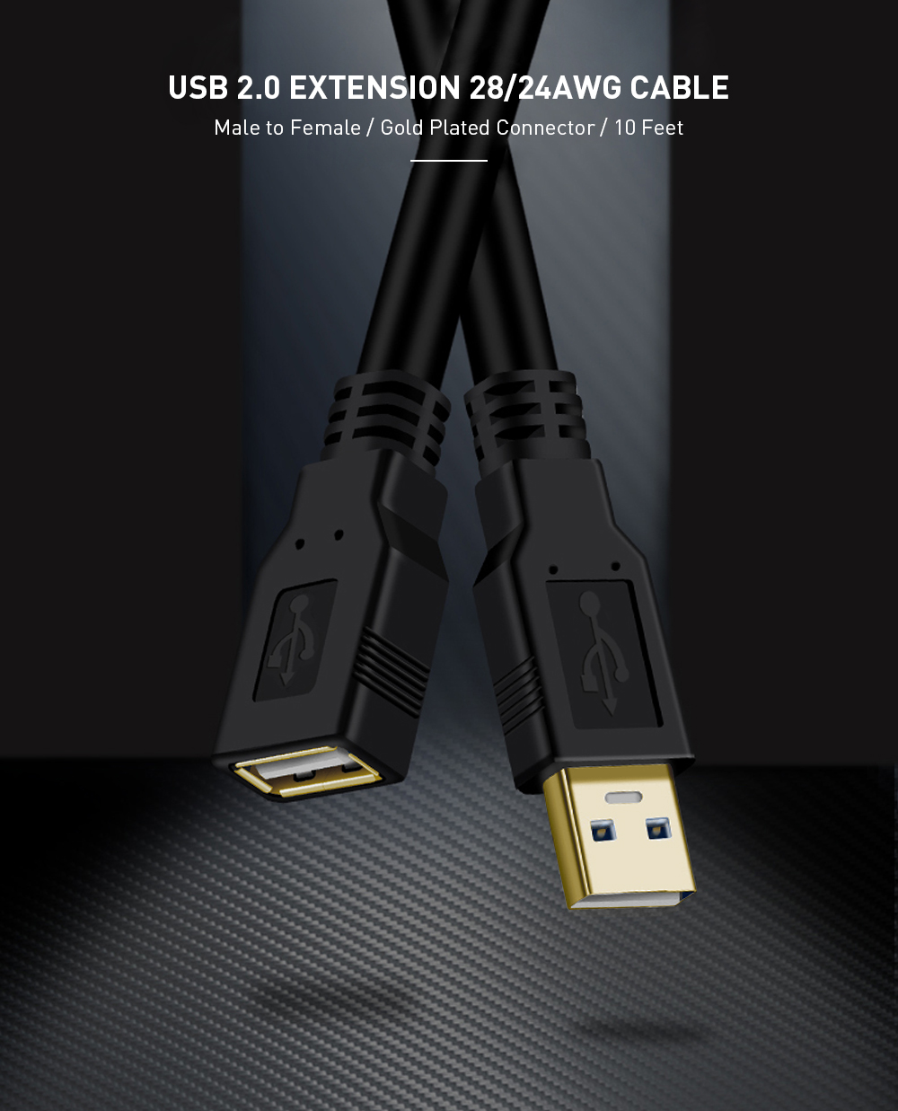 PrimeCables 10ft black USB 2.0 extension cable with gold-plated connectors, male to female