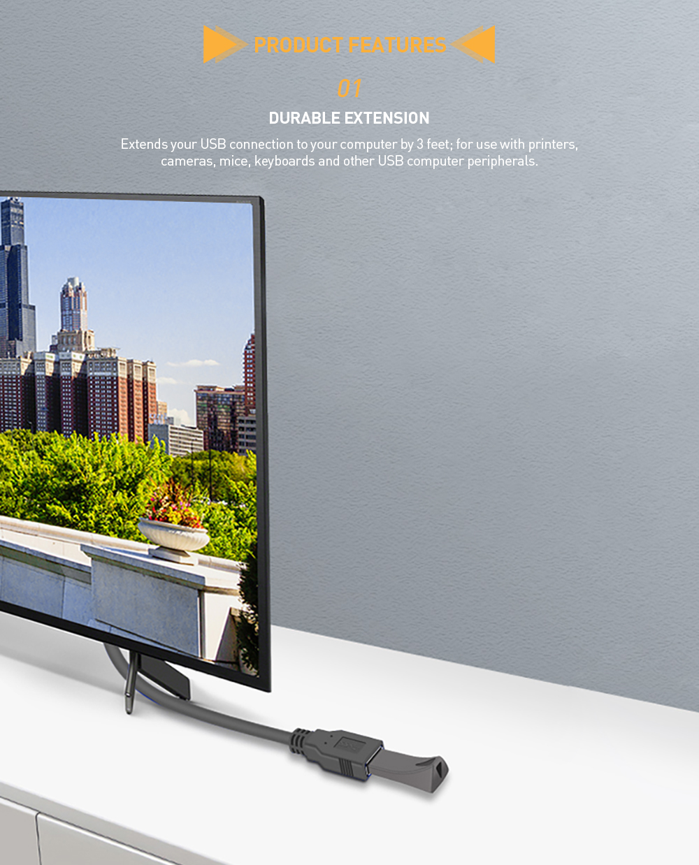 USB extension cable is durable and makes it easy to connect a USB peripheral to a monitor