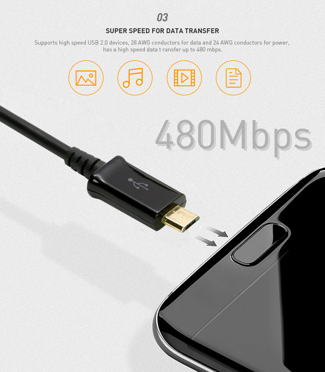USB 2.0 A to USB Micro B cable connects a smartphone with a data transfer rate of up to 480Mbps