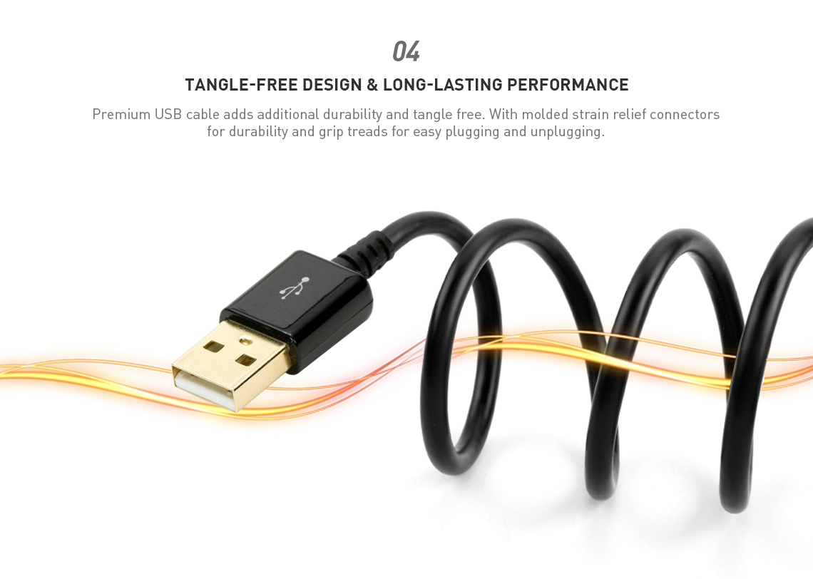 A black USB 2.0 A to USB Micro B cable is coiled to demonstrate that it is tangle-free and long-lasting