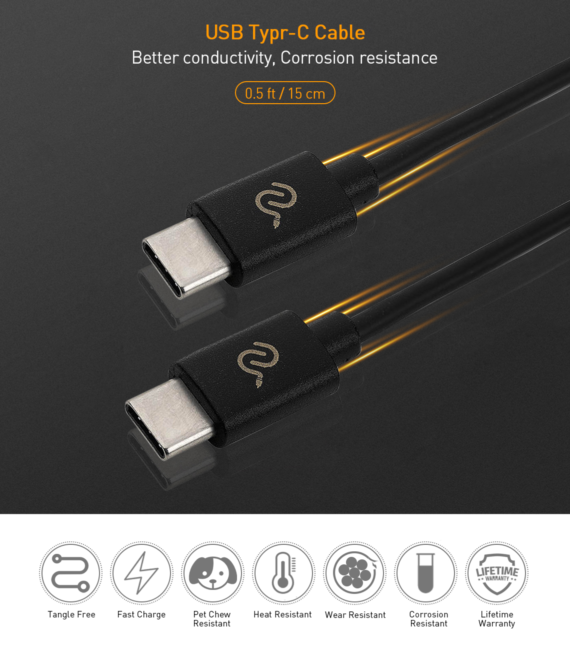 0.5 ft black USB 2.0 Type-C cable supports fast charging, data transfer, and tangle-free
