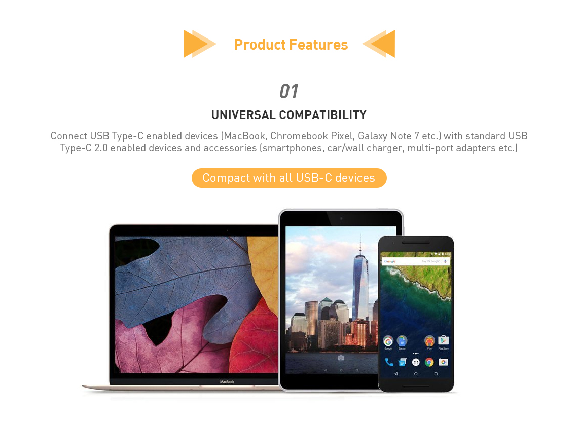 USB Type-C to Type-C cable compatible with all USB Type-C devices like MacBook, Chromebook, smartphones, and accessories