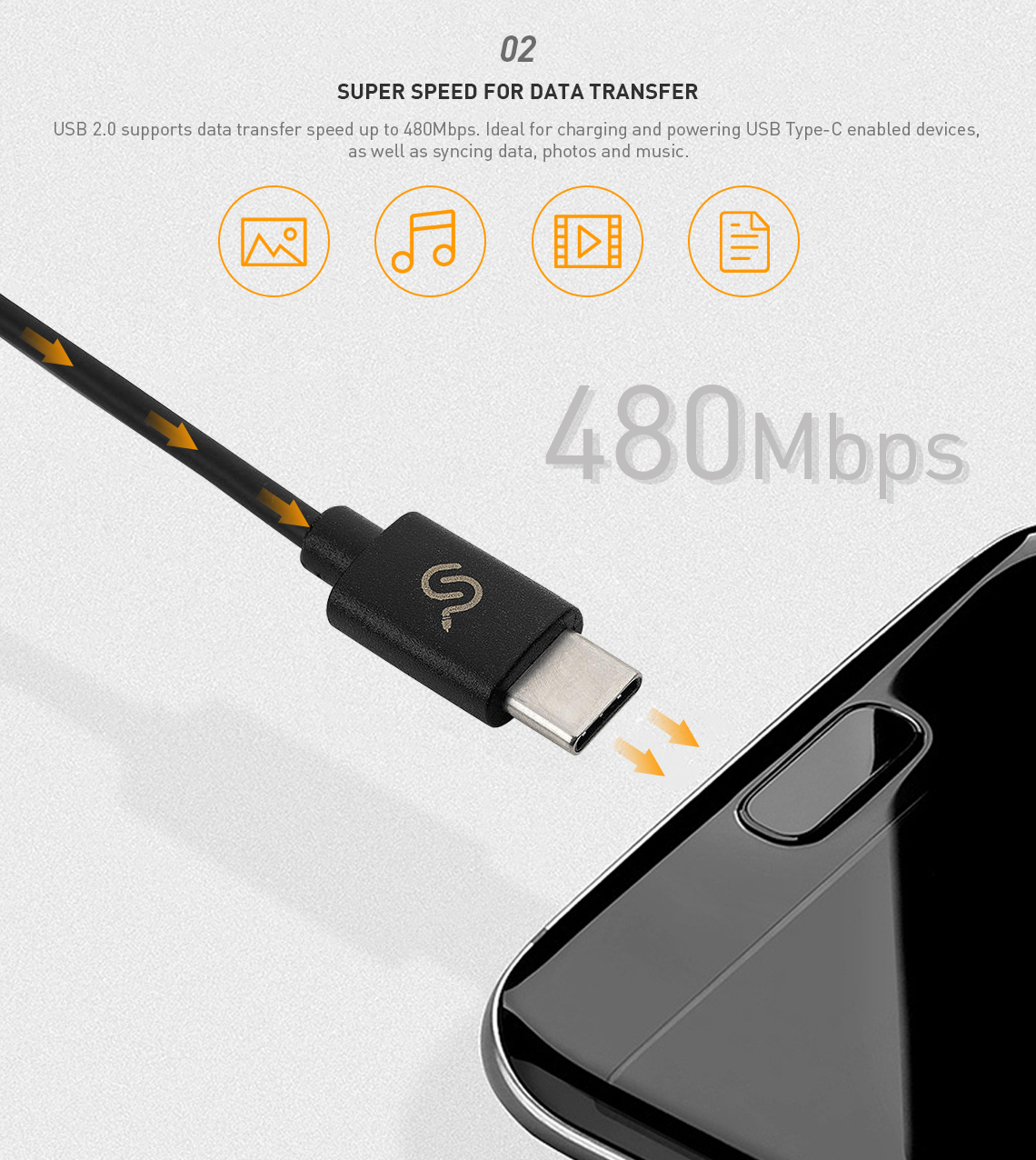 USB 2.0 Type-C cable up to 480Mbps data transfer speed, supports charging, syncing, and powering USB Type-C enabled devices