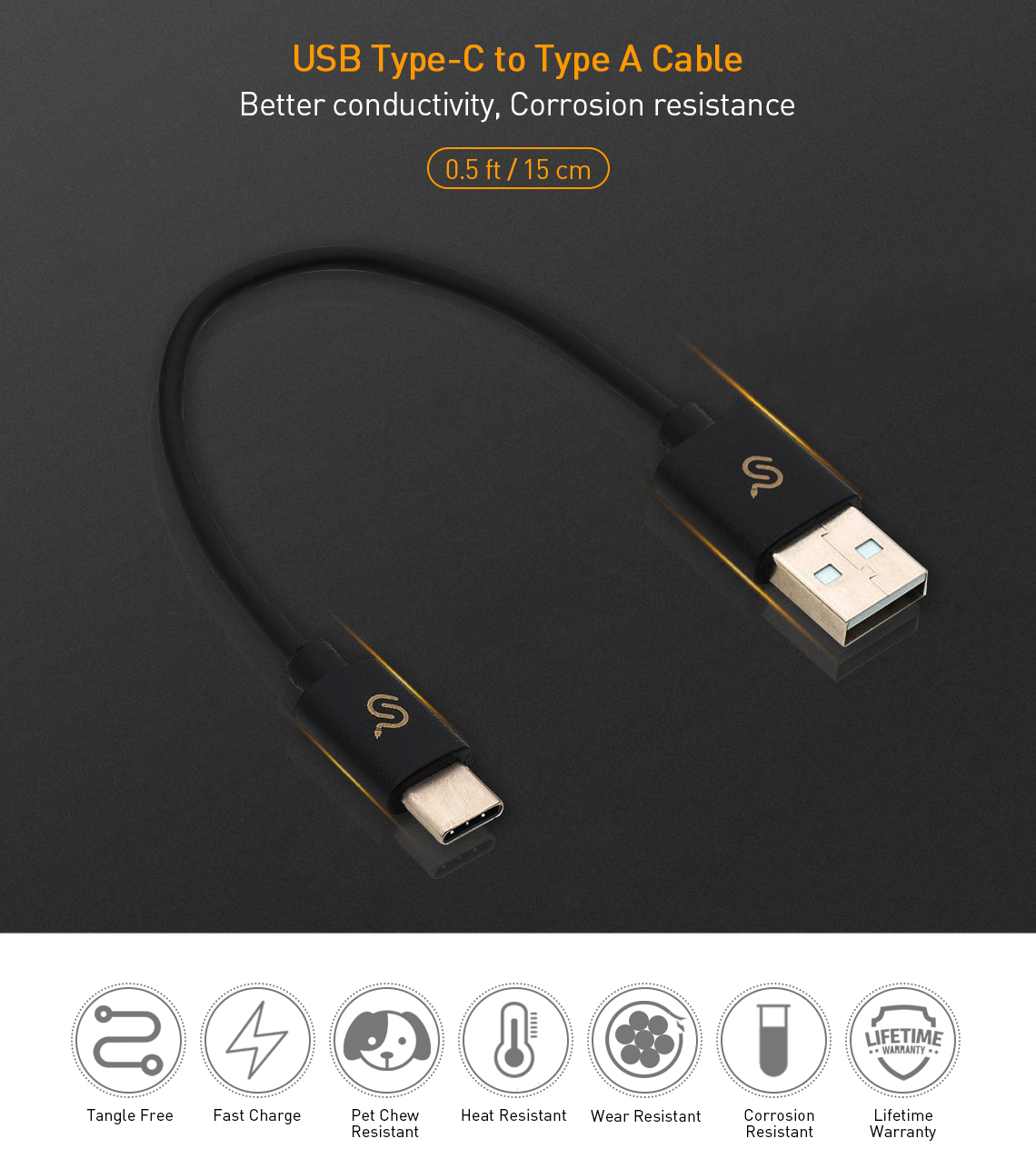 0.5ft 2.0 USBC to USB A Cable Short Charging Cord, Black PrimeCables®