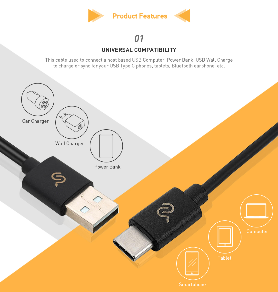 USB-C to USB-A cable can connect a car charger, wall charger, or power bank to your smartphone, tablet, and computer