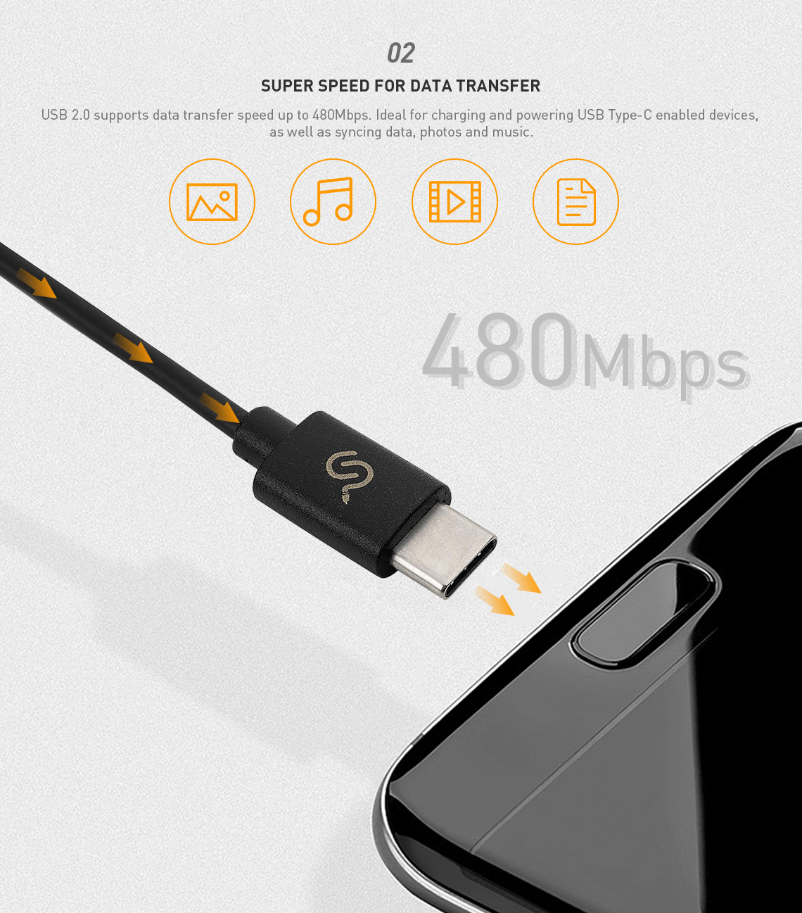 USB 2.0 Type-C to Type-A cable connected to a smartphone with a data transfer rate of up to 480Mbps