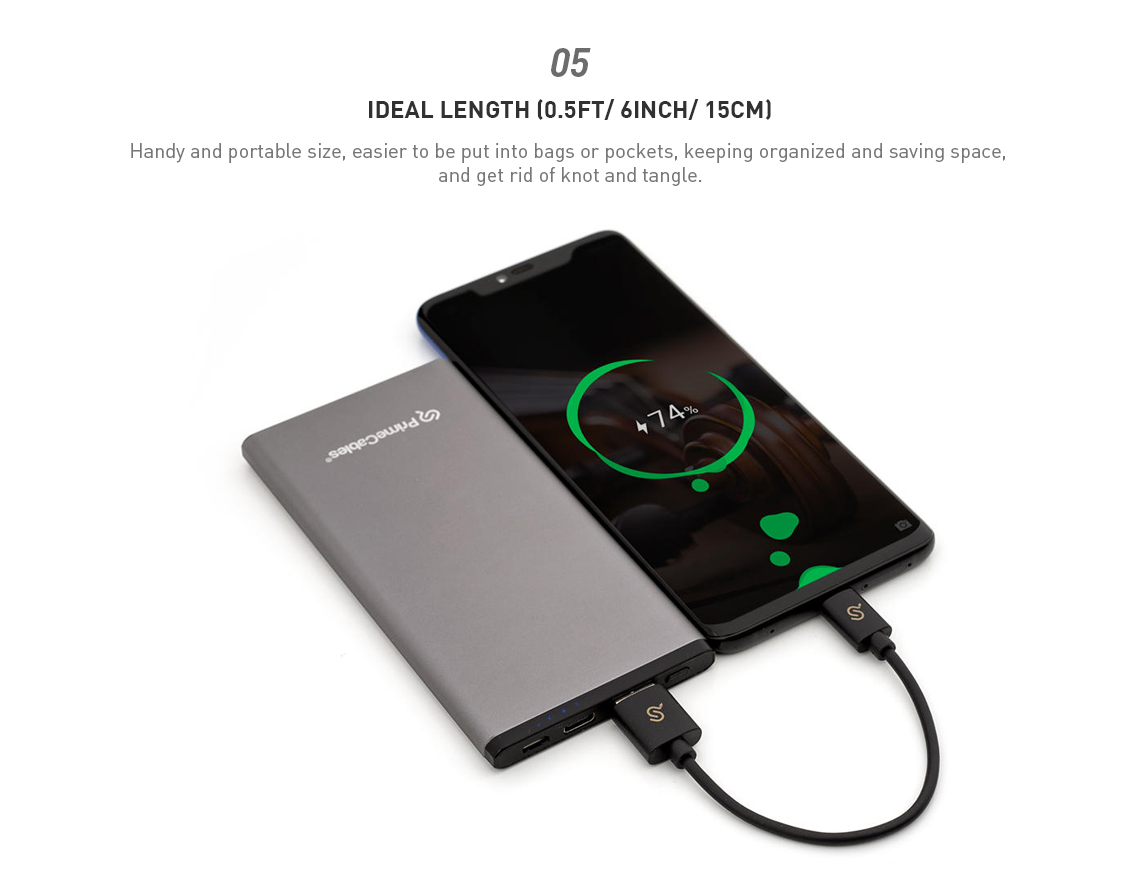 A 0.5-ft compact and portable USB Type-C to USB-A cable is connecting a power bank to a smartphone