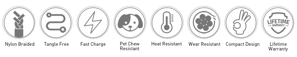 Feature icons for USB Micro B cable: Pet chew-resistant, heat-resistant, wear-resistant