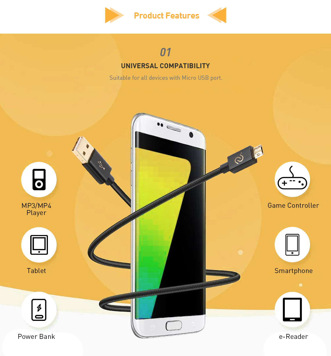 Reversible Micro USB cable fits all devices with a Micro USB port, such as MP3/MP4, tablet, game controller, e-reader, etc