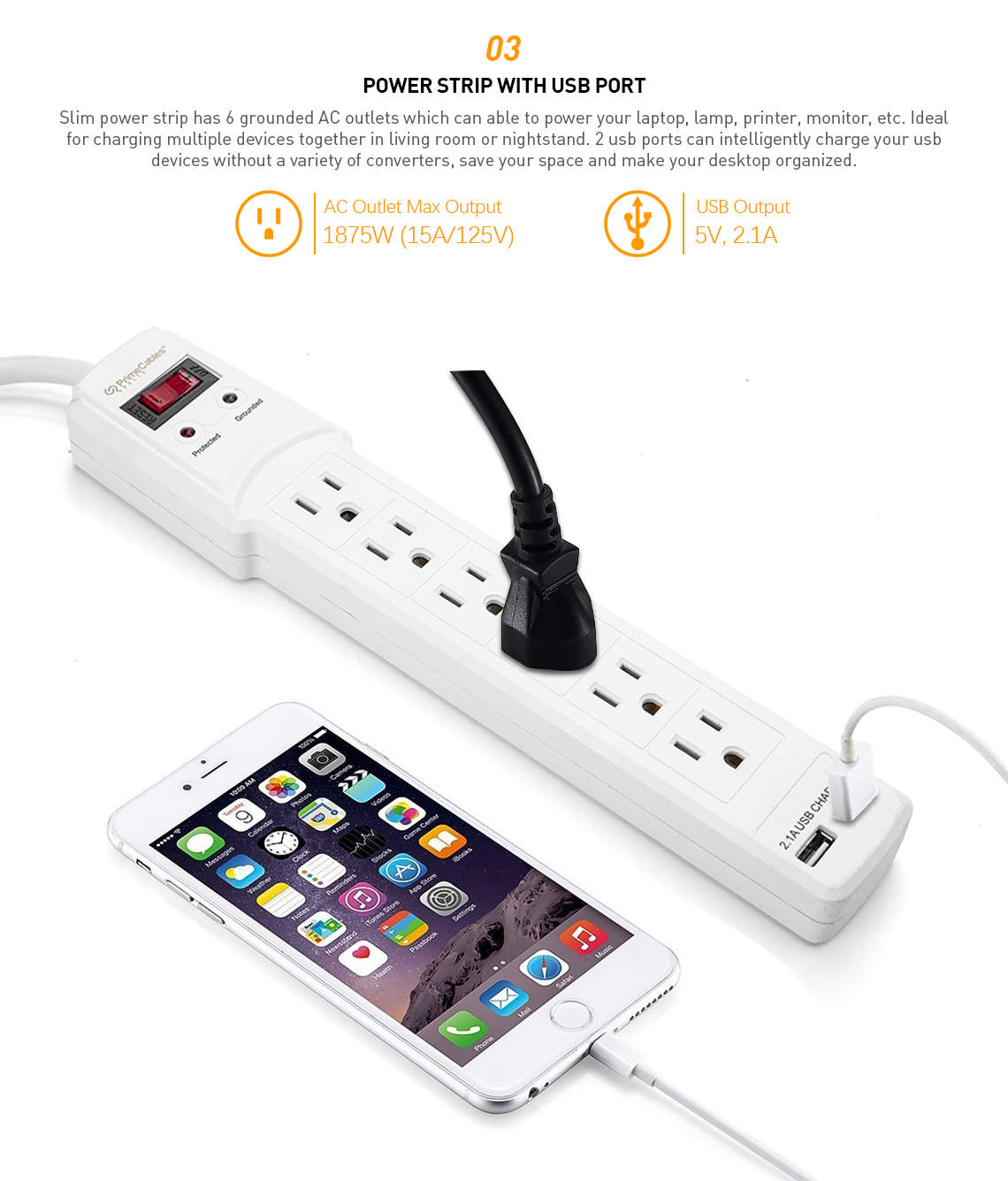 White surge protector power strip with up to 1875W max output of AC grounded outlets and up to 5V 2.1A output of USB output