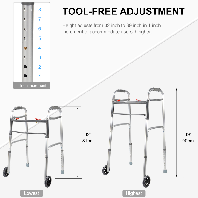 Folding Walker with Wheels, Lightweight Deluxe 2 Button Folding Walker