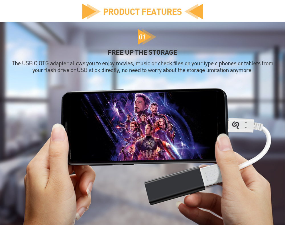 A phone (playing a video) connects to a USB flash drive via a Type-C to USB adapter, demonstrating mobile storage expansion