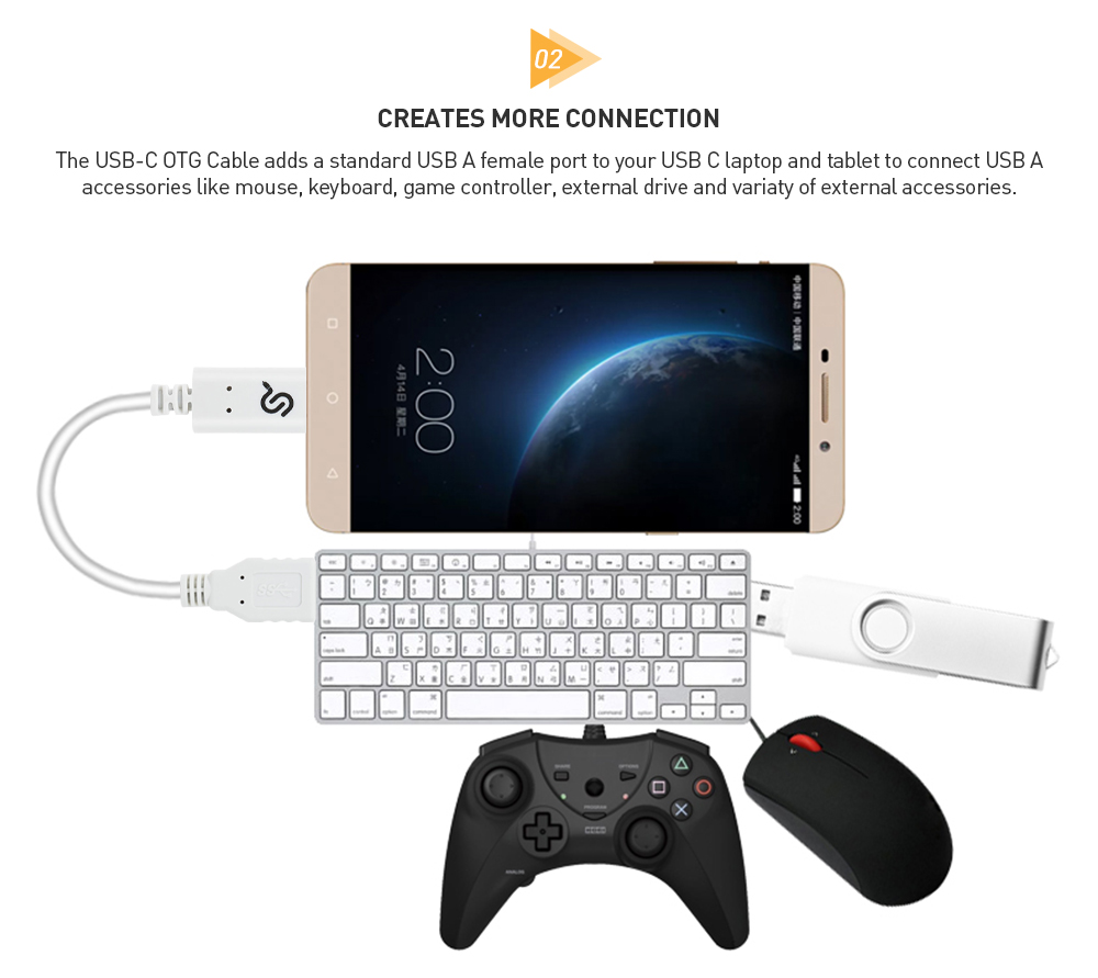 USB-C to USB-A cable provides a Type-A port for connecting USB-C phones to keyboards, or other Type-A external accessories