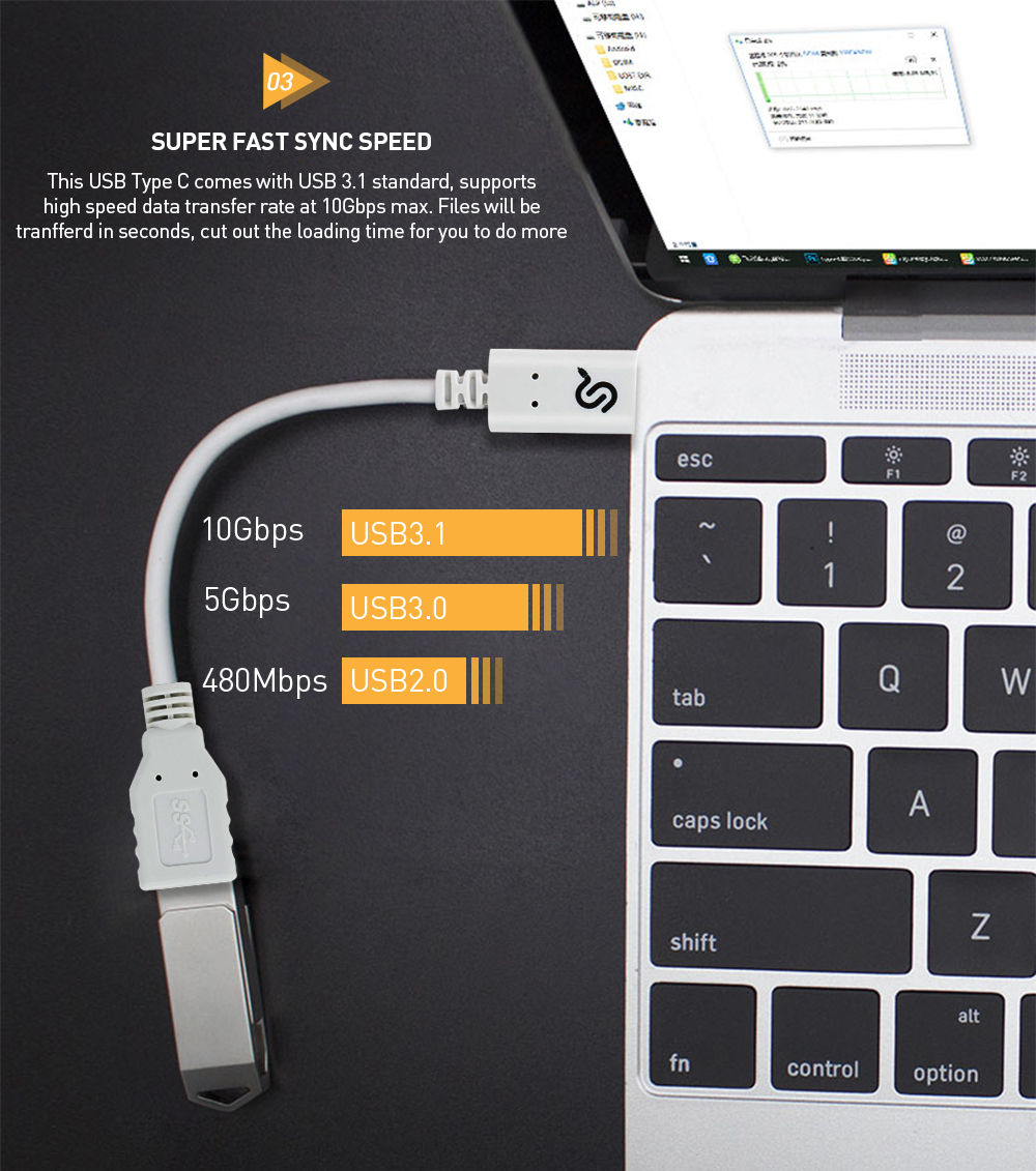 USB-C OTG cable connecting a silver laptop to a USB drive with a high-speed data transfer of up to 10Gbps