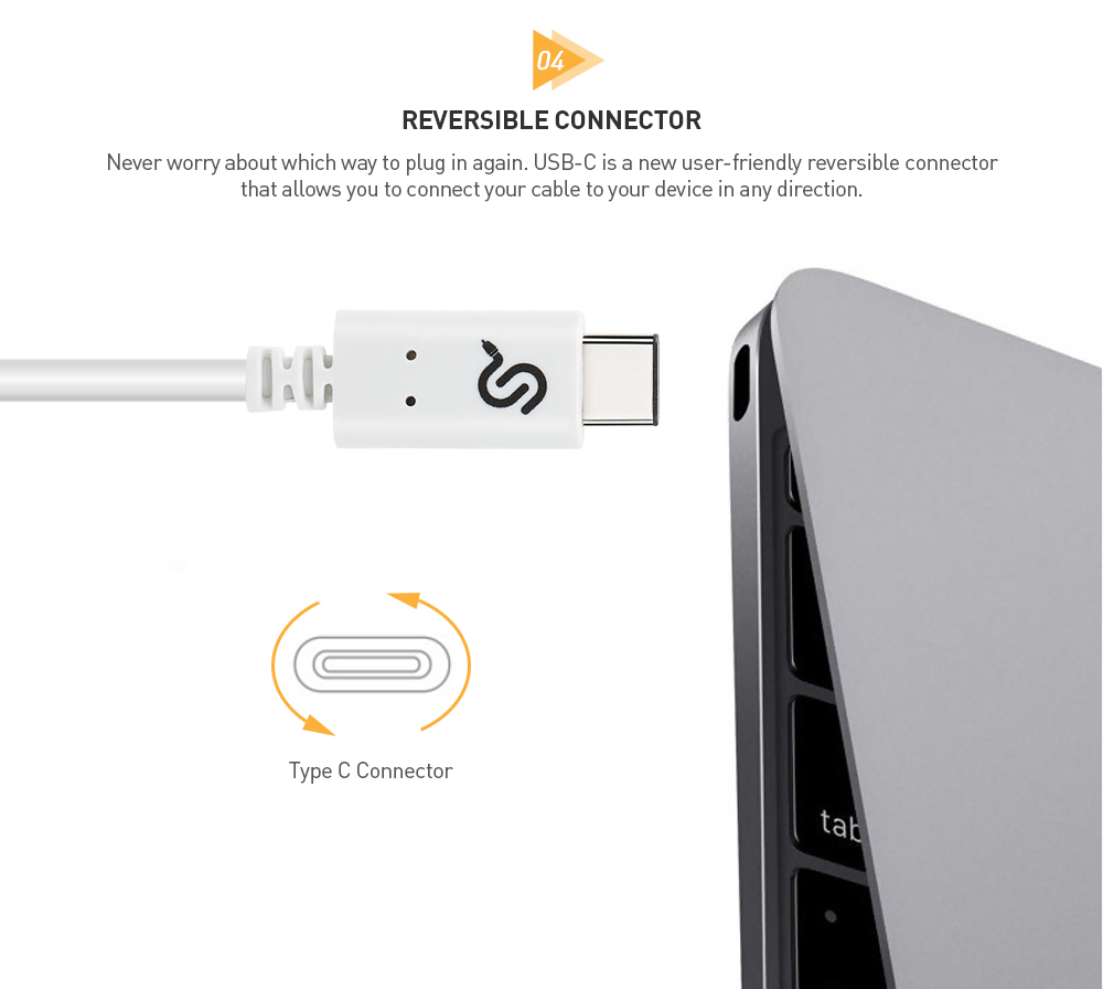 USB-C to USB-A cable equipped with a reversible Type-C connector, illustrates the cable's bidirectional insertion feature
