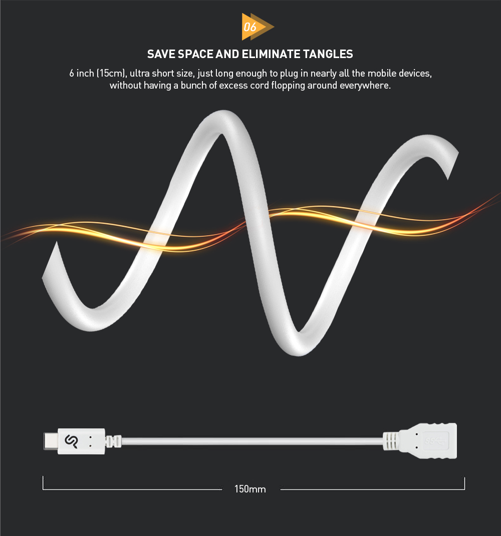 USB Type-C to USB Type-A cable with a length of 15cm, highlighting its compact and space-saving design