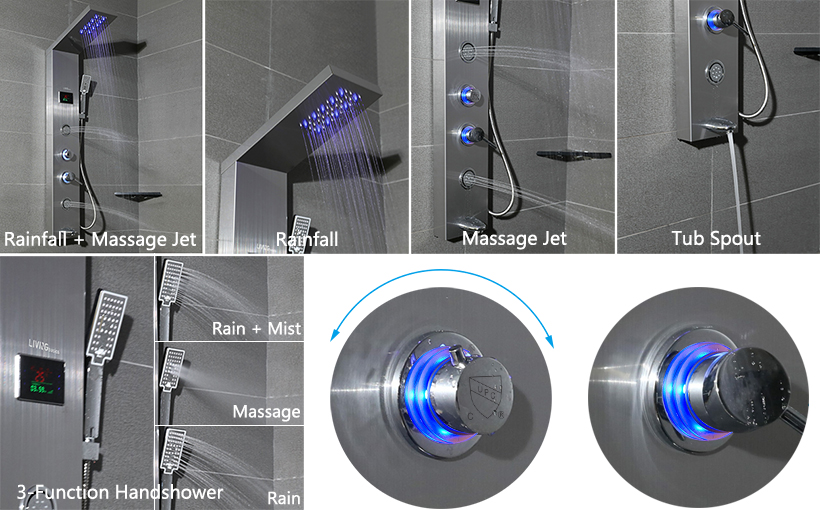 LED Light Rainfall Shower Head Multi-Function with Temperature Display ...