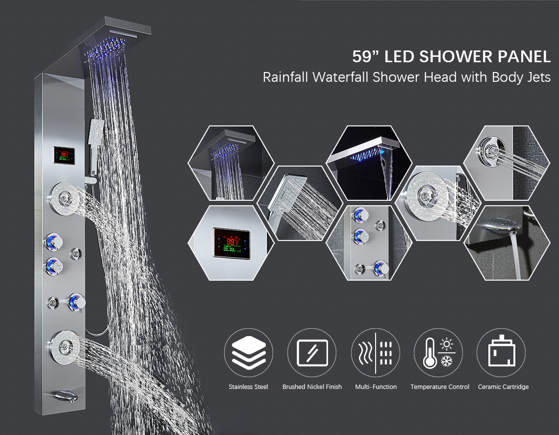 59” LED Shower Panel Rainfall Waterfall Shower Head with