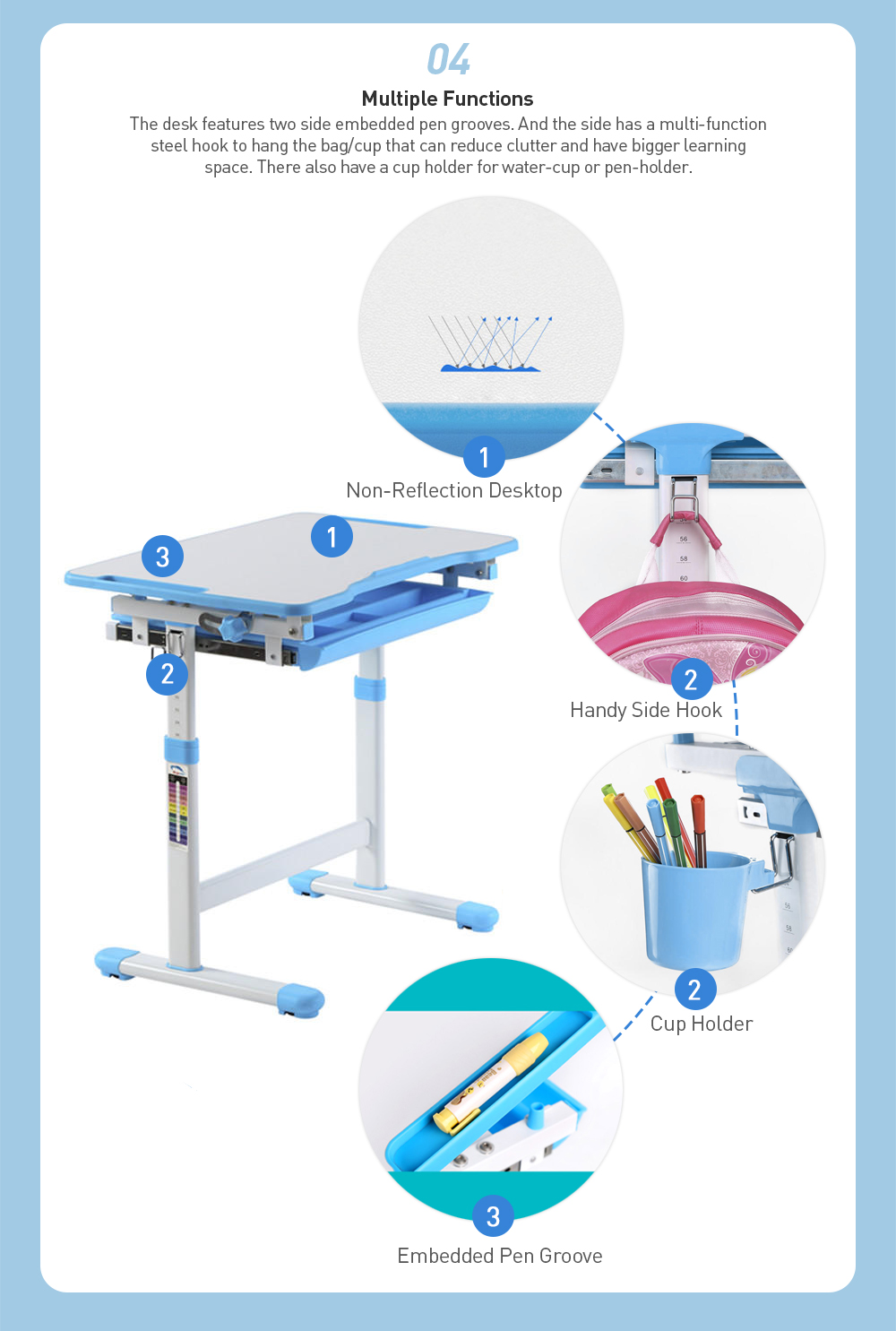 Multi-functional kids' desk with non-reflection desktop, handy side hook, cup holder, and embedded pen grooves