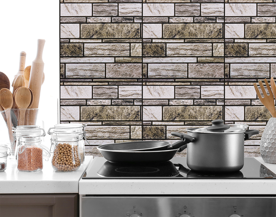 3D Tile Wall Decals Peel and Stick Self-Adhesive, Brown/Grey Bricks