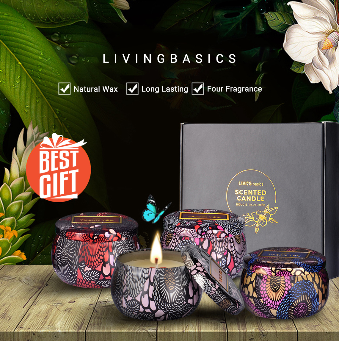 Aromatherapy Smokeless Essential Oil Candles Tins with Greeting Card, 4