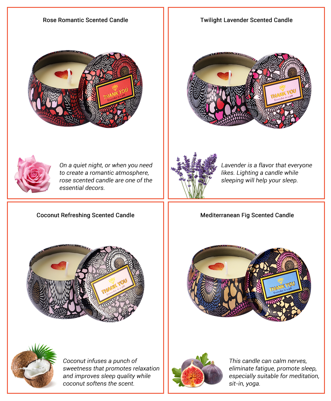 Aromatherapy Smokeless Essential Oil Candles Tins with Greeting Card, 4