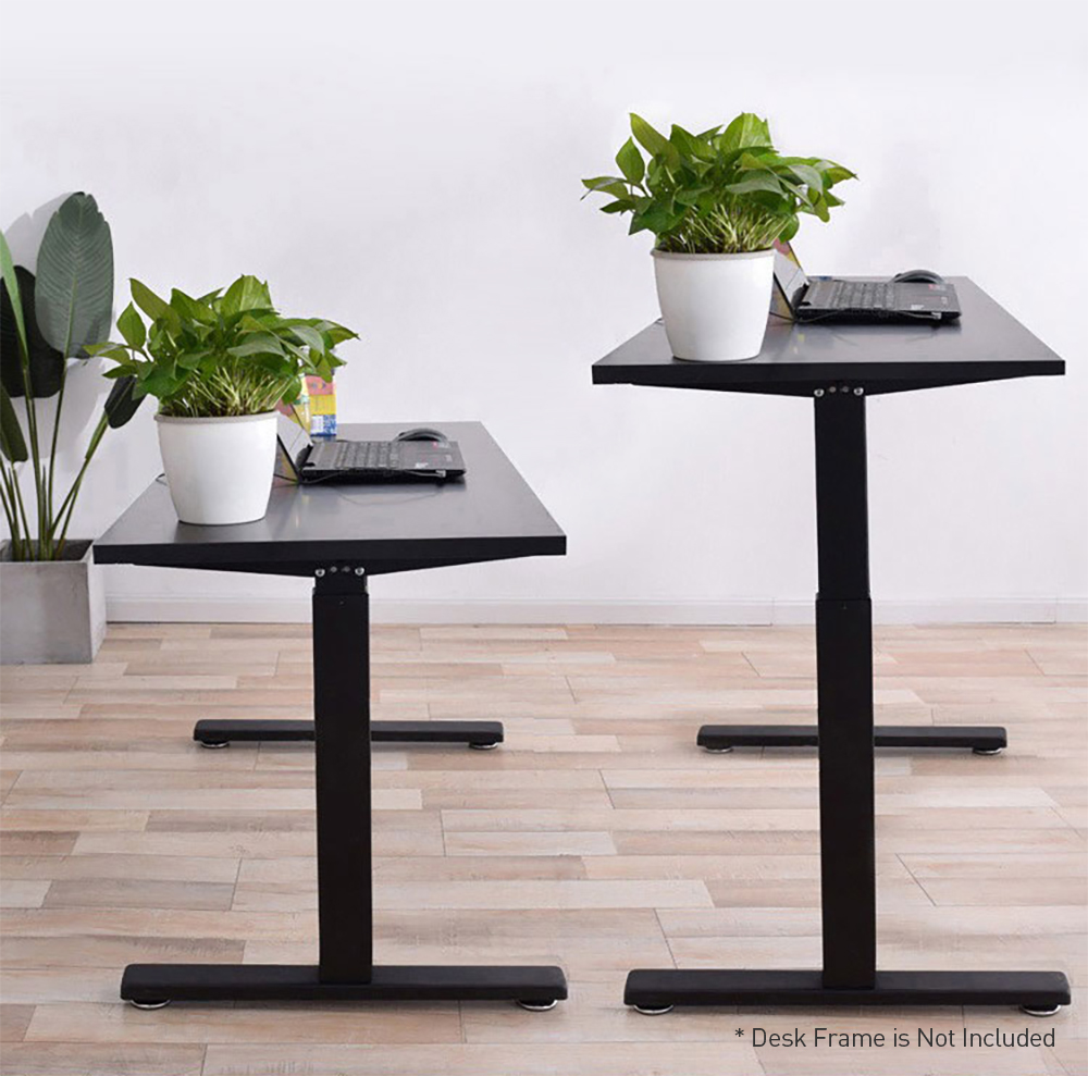 Two black desk tabletops (frame not included) are paired with standing desk frames to create an ergonomic space