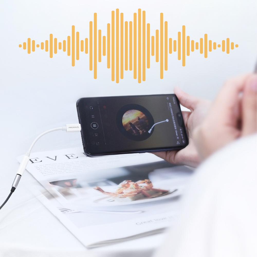 USB-C to 3.5mm adapter connected the smartphone to the earphones, showing it supports hi-res audio output above the device