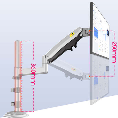 Bras de ressort à gaz entièrement extensibles, bras réglable en hauteur 250 mm (max), Poteau réglable en hauteur 360 mm (max)