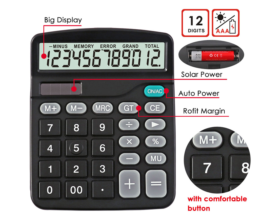 Foska® 12-Digit Hybrid Power Electronic Calculator