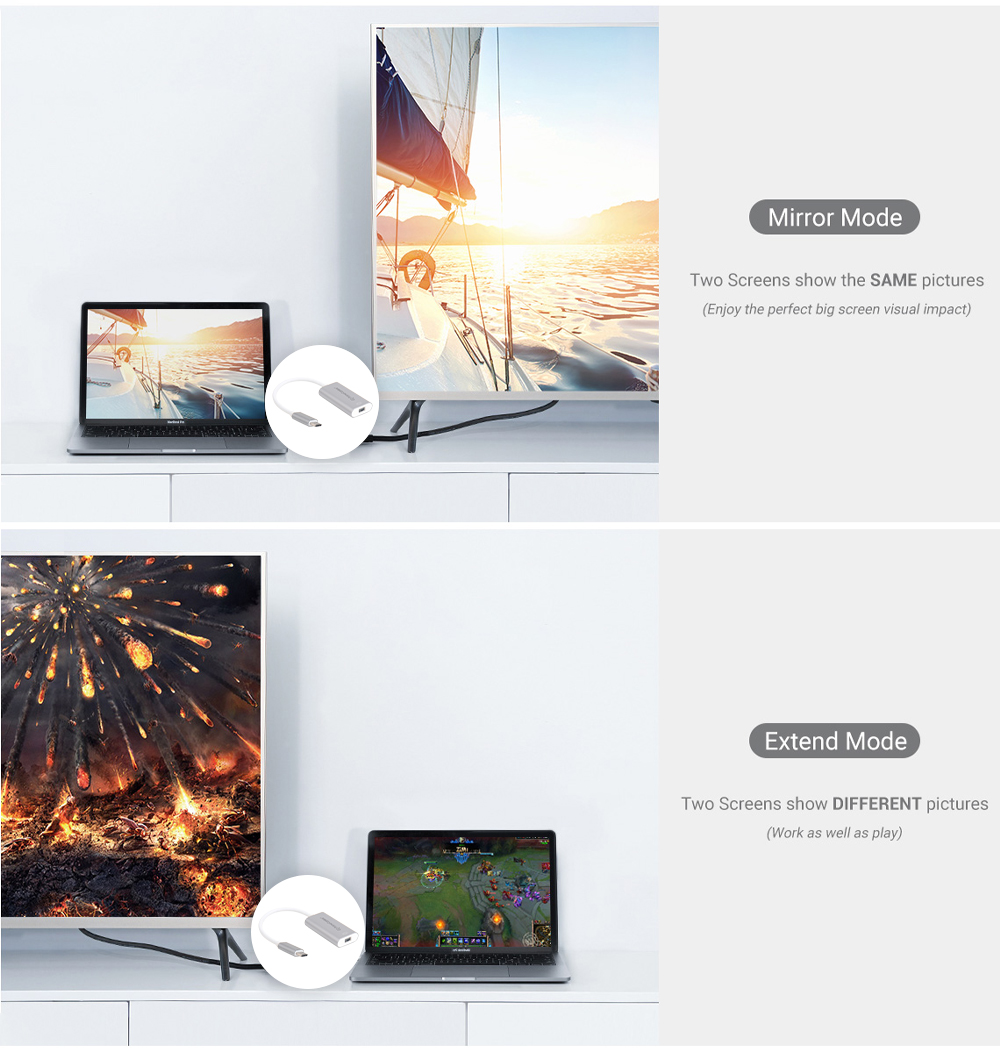 USB-C to mini DisplayPort adapter supports mirroring or extending your laptop content to a large monitor