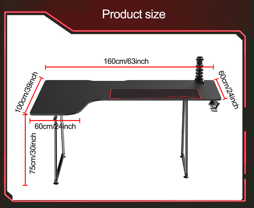 L-shaped gaming desk product size diagram with measurements in centimeters and inches for width, depth, and height