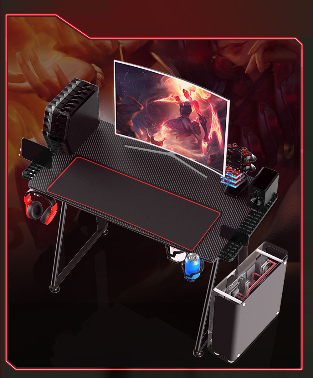 Create a better game environment with this gaming desk and controllers, speakers, headsets