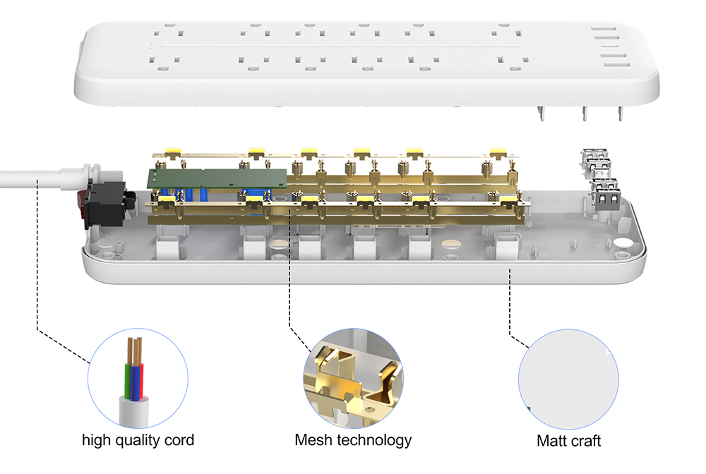 The power strip with surge protector features high quality cord, brass mesh conductive structure, matte plastic casing