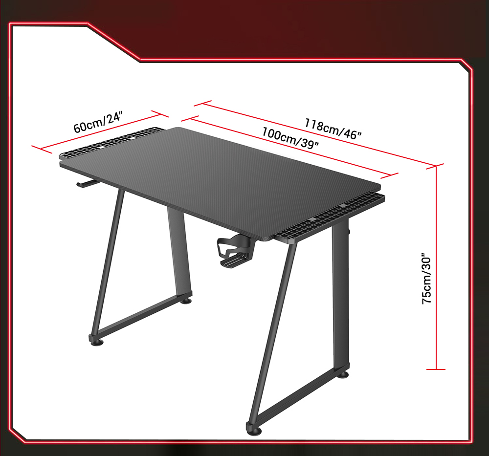 Black gaming desk dimension: 118cm (46") length, 60cm (24") depth, 75cm (30") height