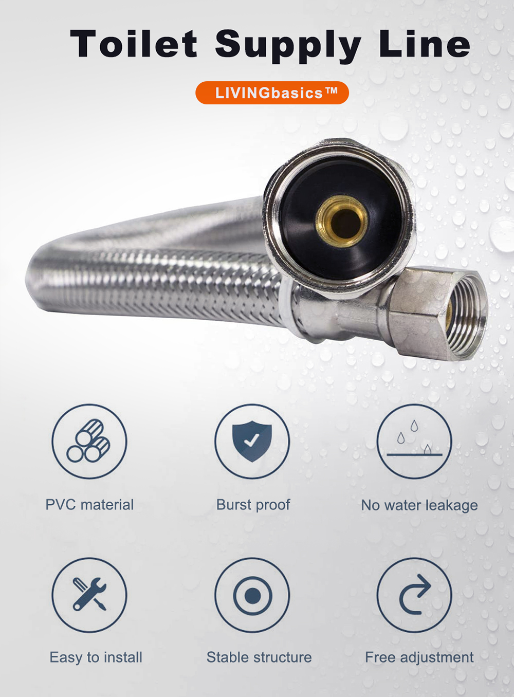 Stainless Steel Toilet Supply Line 3/8" Comp x 7/8" Ballcock Nut