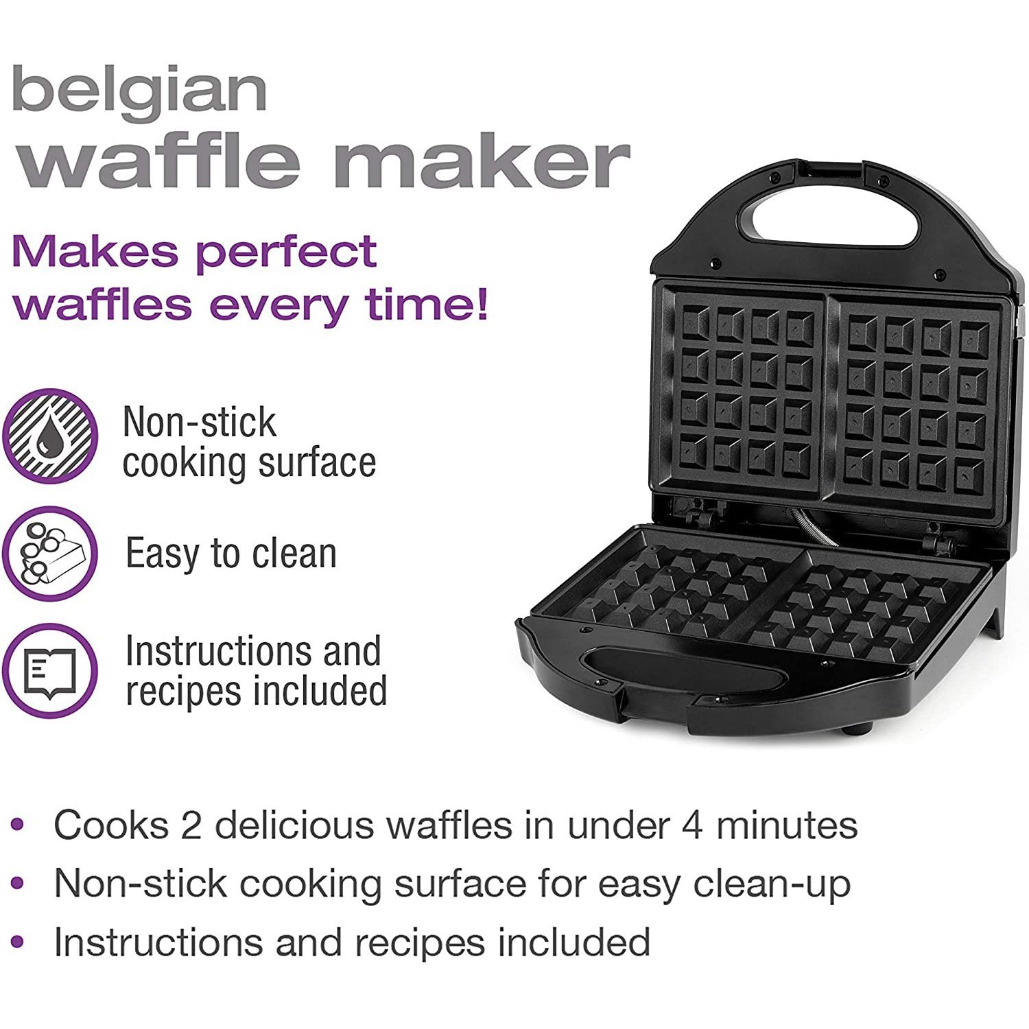 Belgian Style 2 Slice Waffle Maker, NonStick Plates, Black Salton