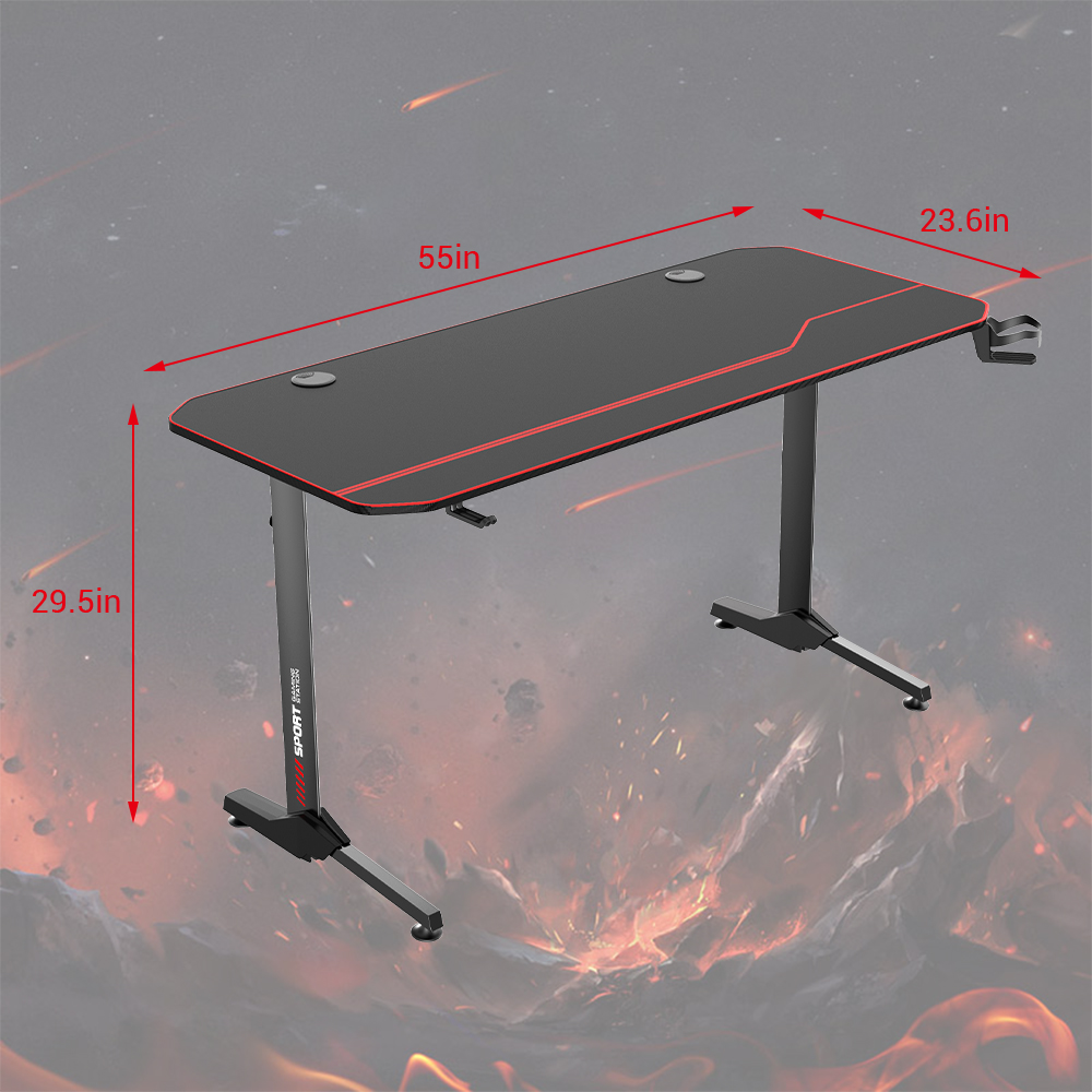 Dimension diagram of black sit and stand desk: 55 inches in wide, 23.6 inches in deep, 29.5 inches in high