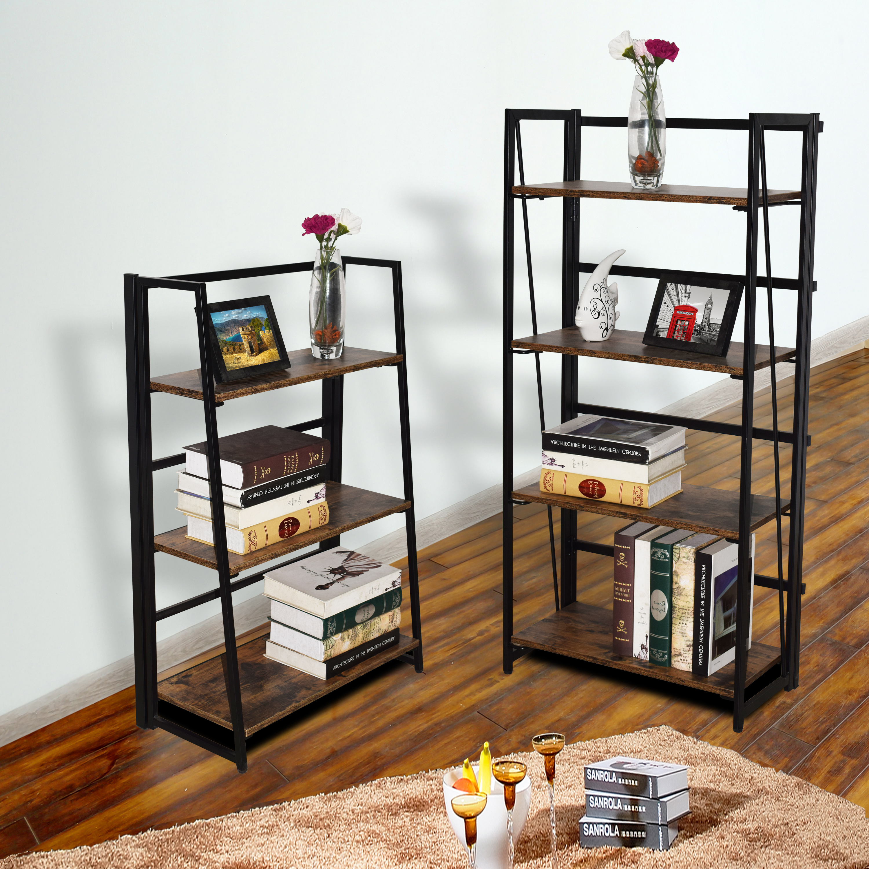 Industrial Folding 3-Tier Ladder Shelf, No-Assembly Bookcase