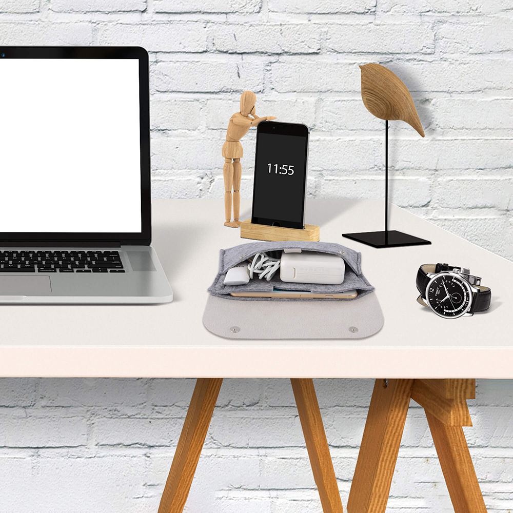 Wool Felt Leather Electronics Accessories Organizer Pouch Cable Storage