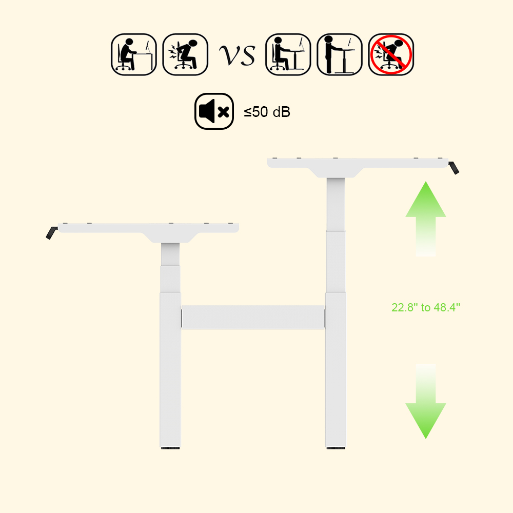 The height of the white dual workstation electric standing desk frame is adjustable, with a range of 22.8'' to 48.4''