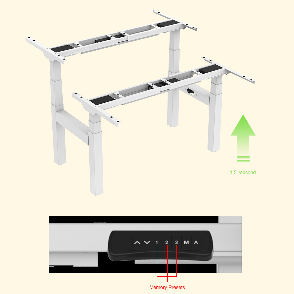 Dual workstation electric standing desk frame equipped with 4 motors to adjust the height smoothly with low noise