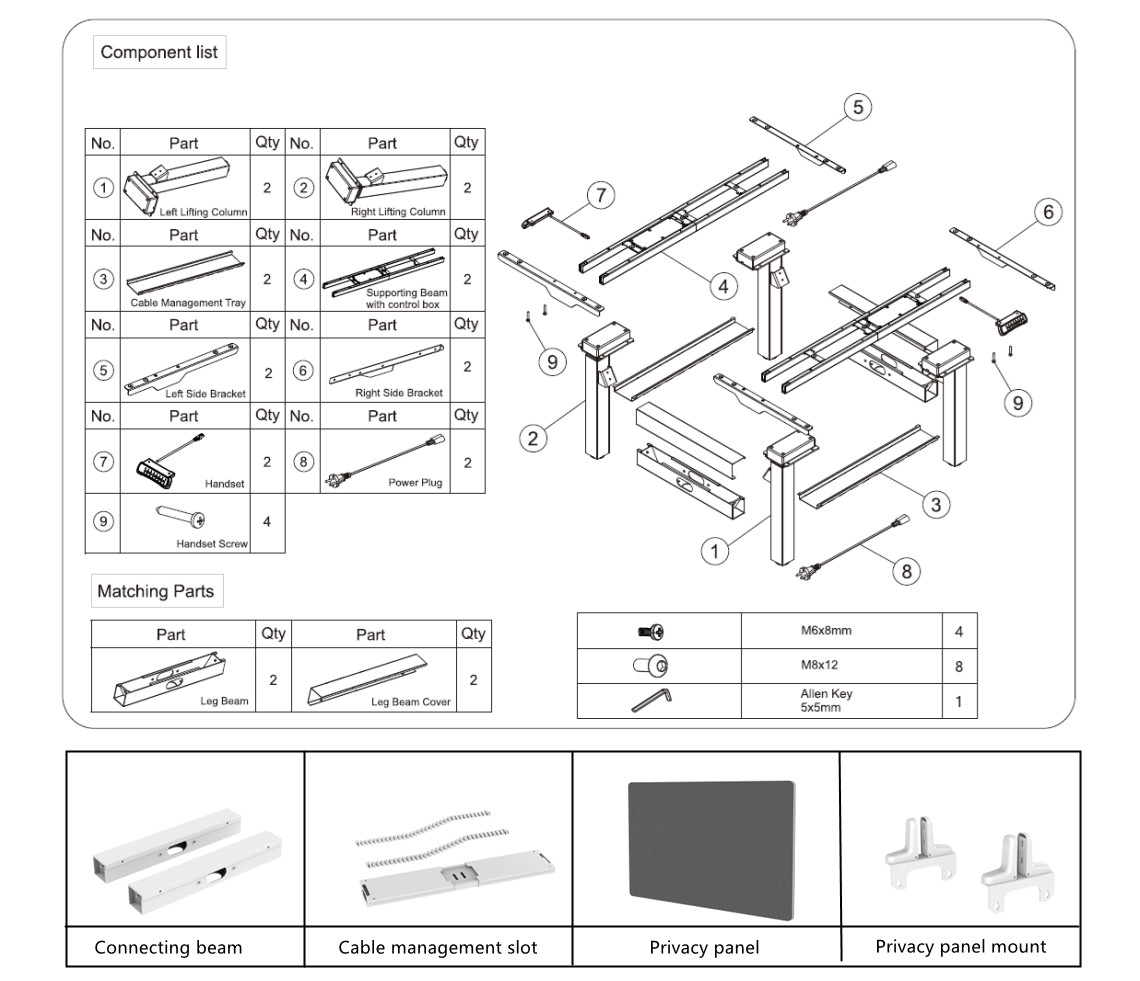 Exploded view parts diagram of dual workstation standing desk frame with component list matching parts and accessories