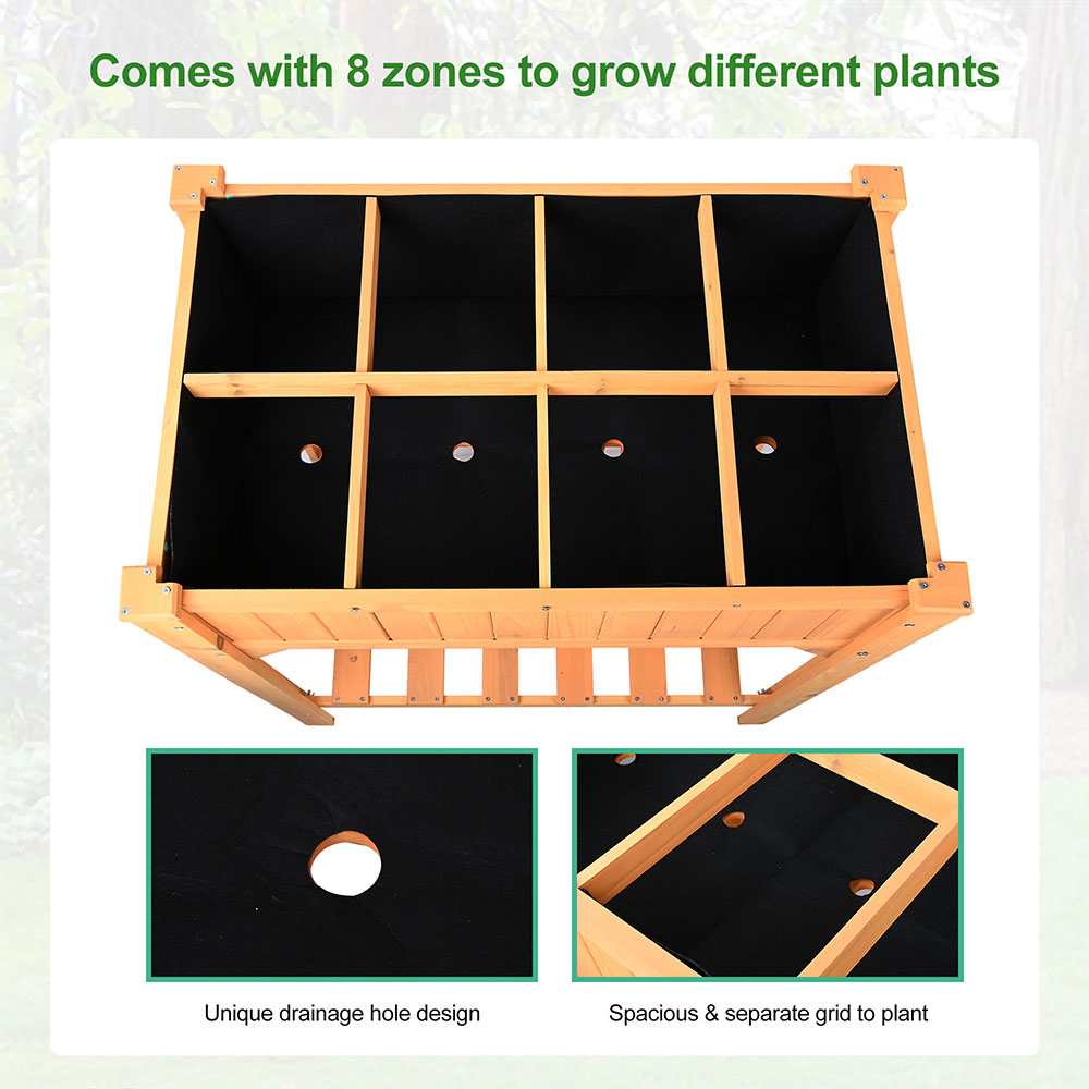 8-Zone Wood Raised Garden Bed with Drainage Holes & Shelf, Planter