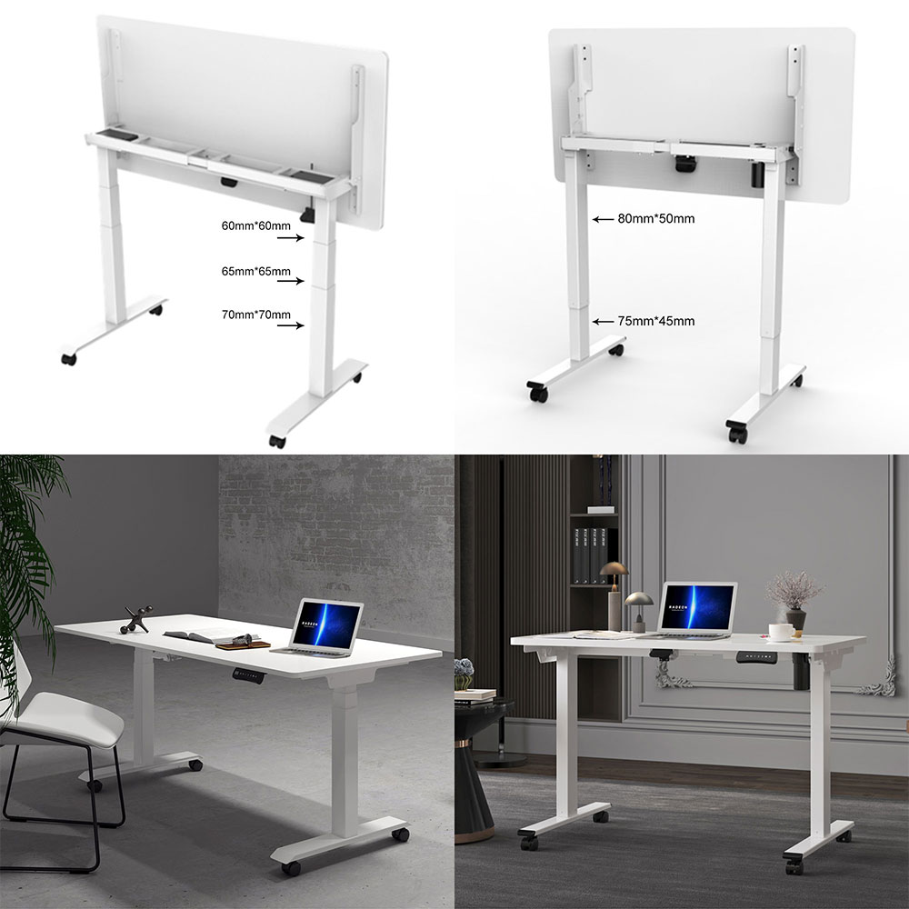 Application of white height-adjustable standing desks of different sizes in different office environments