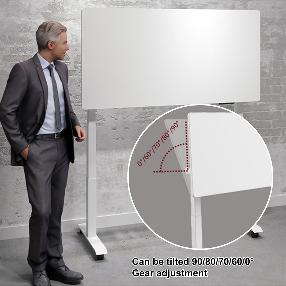 White mobile standing desk can be tilted at 0°, 60°, 70°, 80°, or 90° via gear adjustment