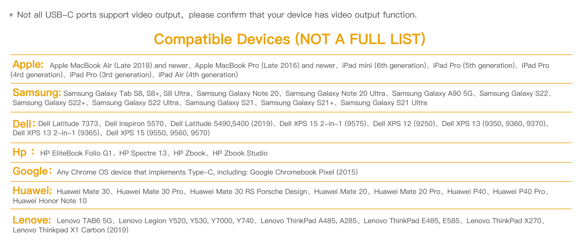 USB Type-C to DisplayPort cable compatible with devices of multiple brands, like Apple, Samsung, Dell, HP, Google, etc