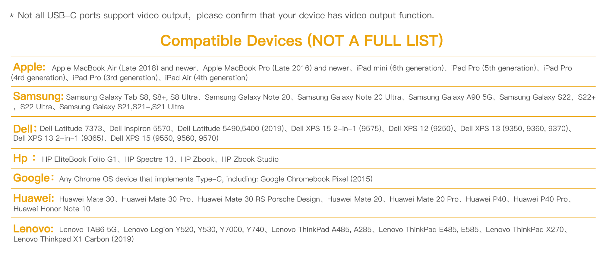 USB-C to mini DisplayPort adapter is compatible with several models of Apple, Samsung, Dell, HP, Google, Huawei, and Lenovo