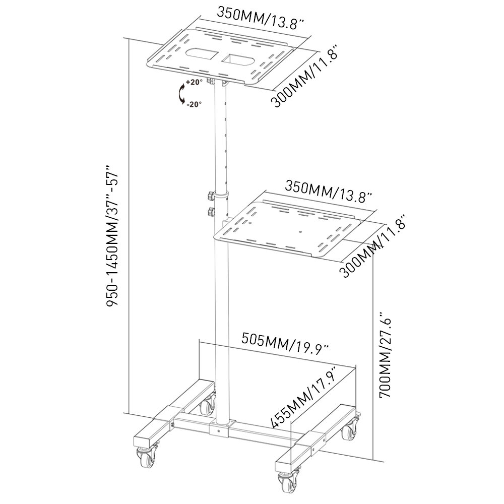 Heavy Duty 2 Shelves Height Adjustable Mobile Projector and Laptop