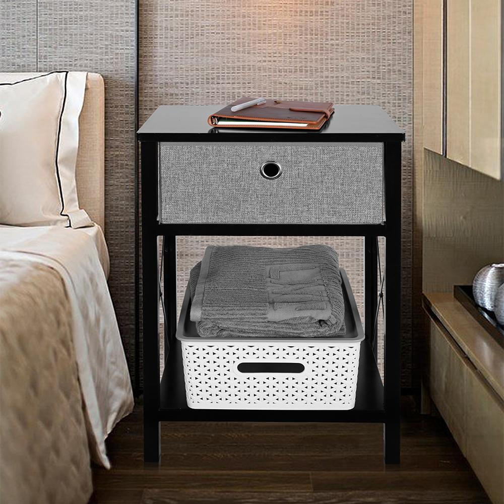 2Tier Fabric Nightstand & Bedside Table with Drawer, Gray SortWise®
